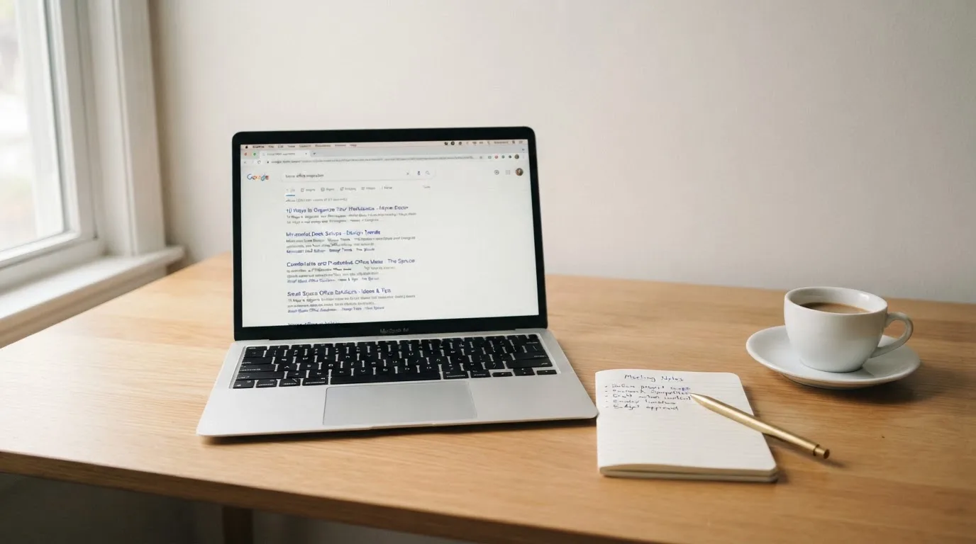 A tidy desk with a laptop open on a plain search-results page, a notebook and a coffee cup beside it, no screens showing any casino branding.