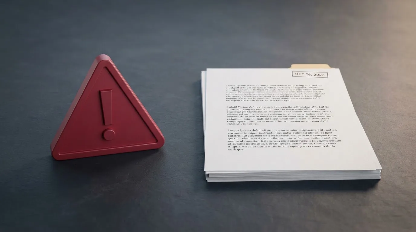 A red triangular warning sign icon on a laptop screen next to a stack of legal papers, symbolising an official caution rather than any specific website.