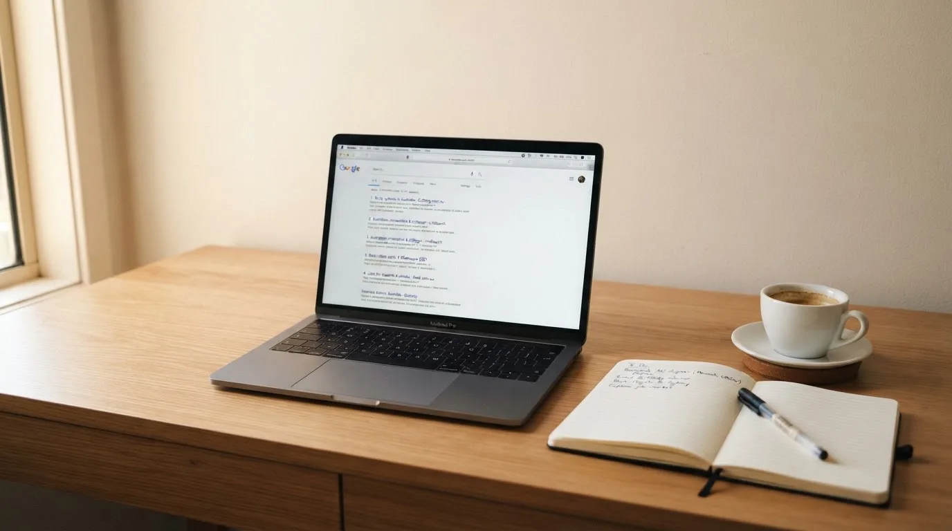 A tidy desk with a laptop open on a plain search-results page, a notebook and a coffee cup beside it, no screens showing any casino branding.
