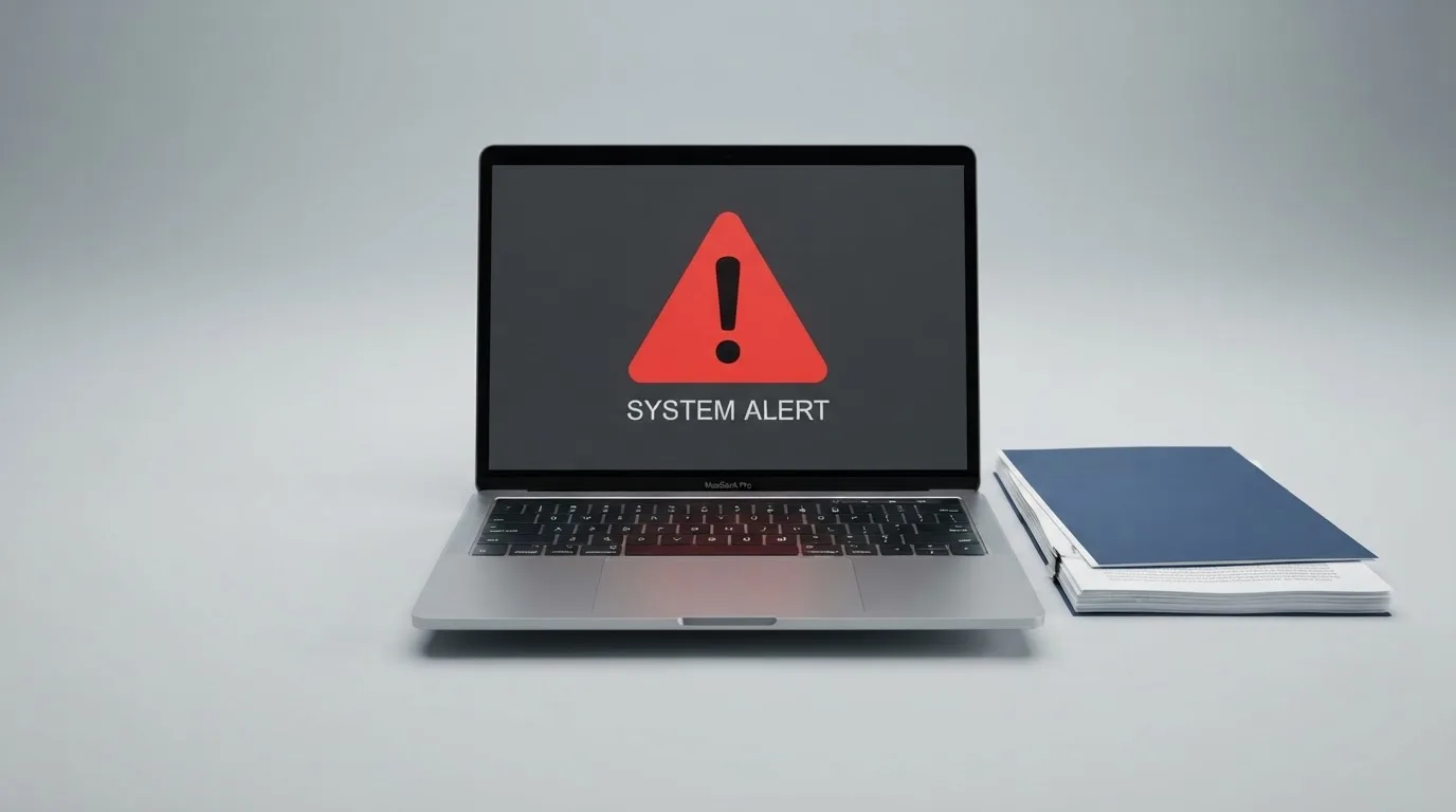 A red triangular warning sign icon on a laptop screen next to a stack of legal papers, symbolising an official caution rather than any specific website.