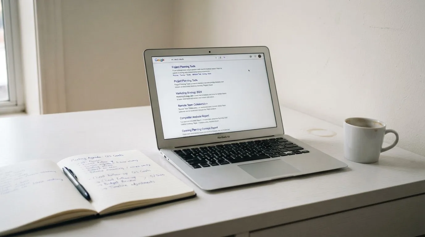 A tidy desk with a laptop open on a plain search-results page, a notebook and a coffee cup beside it, no screens showing any casino branding.