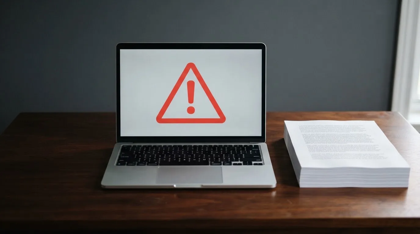 A red triangular warning sign icon on a laptop screen next to a stack of legal papers, symbolising an official caution rather than any specific website.