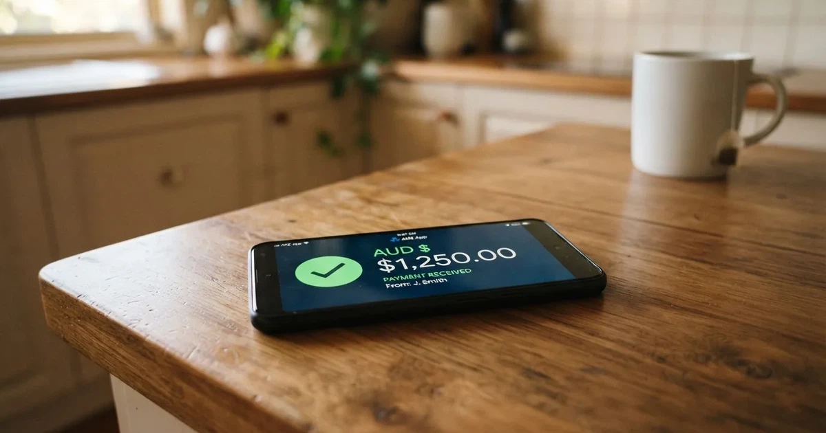 A smartphone screen showing a generic bank-transfer confirmation tick, held over a kitchen table.