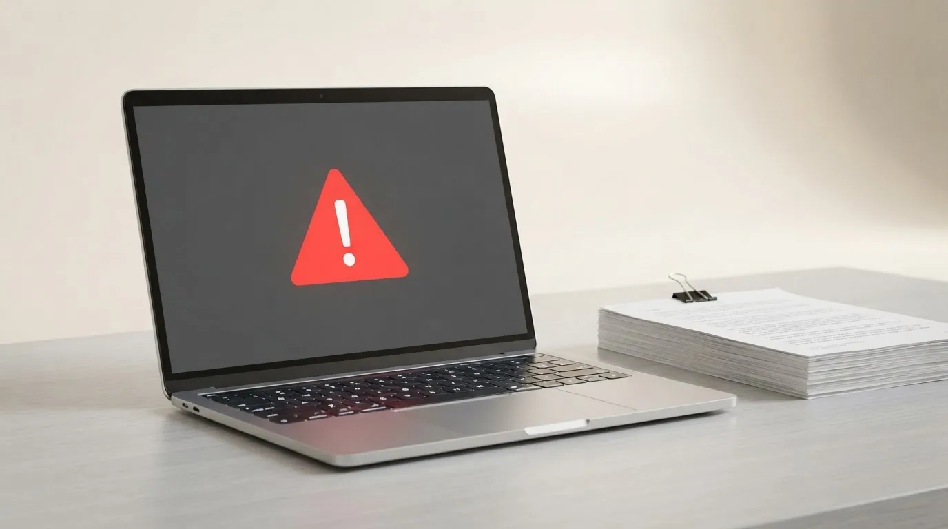 A red triangular warning sign icon on a laptop screen next to a stack of legal papers, symbolising an official caution rather than any specific website.