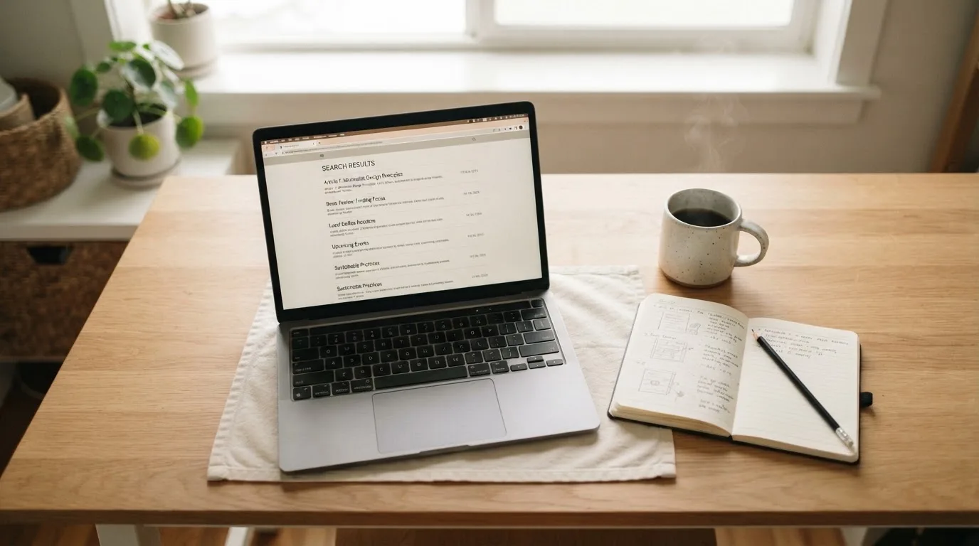 A tidy desk with a laptop open on a plain search-results page, a notebook and a coffee cup beside it, no screens showing any casino branding.
