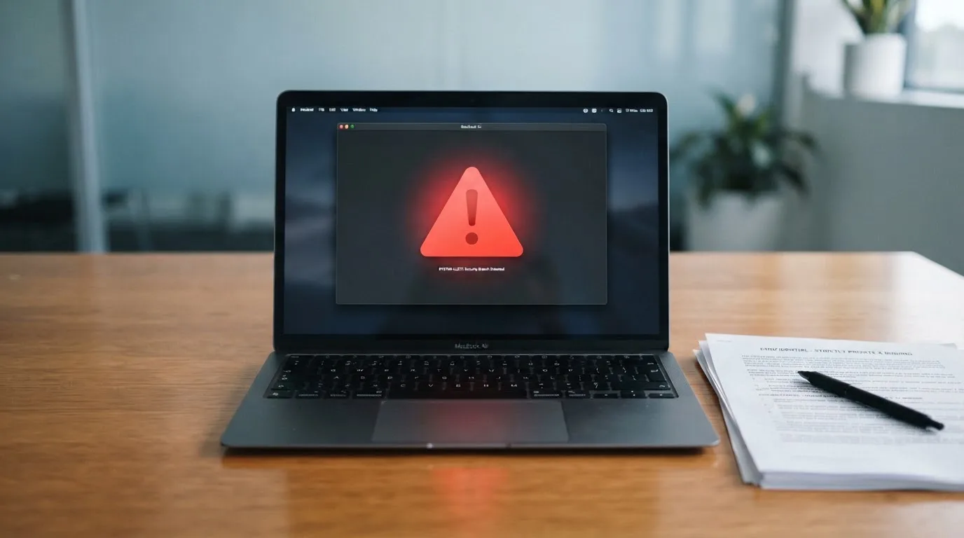 A red triangular warning sign icon on a laptop screen next to a stack of legal papers, symbolising an official caution rather than any specific website.