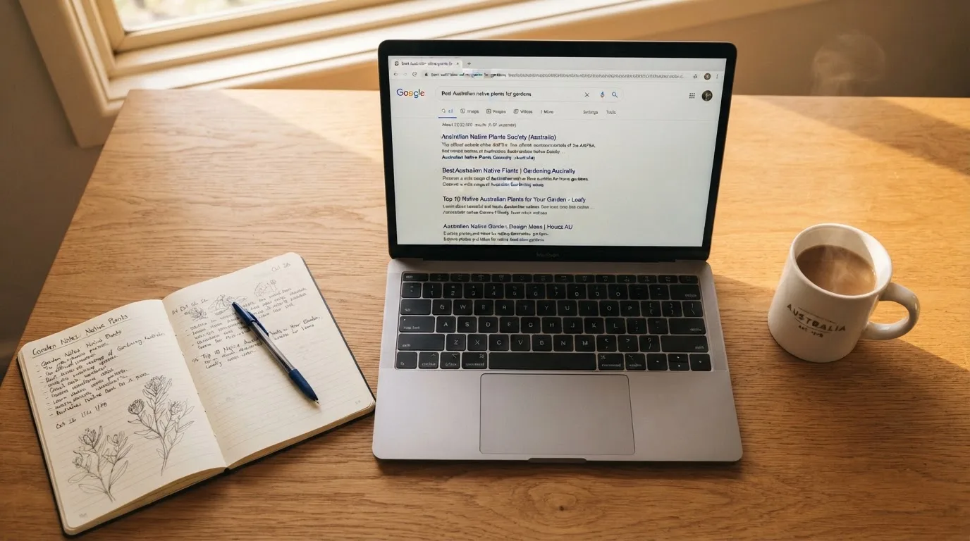 A tidy desk with a laptop open on a plain search-results page, a notebook and a coffee cup beside it, no screens showing any casino branding.