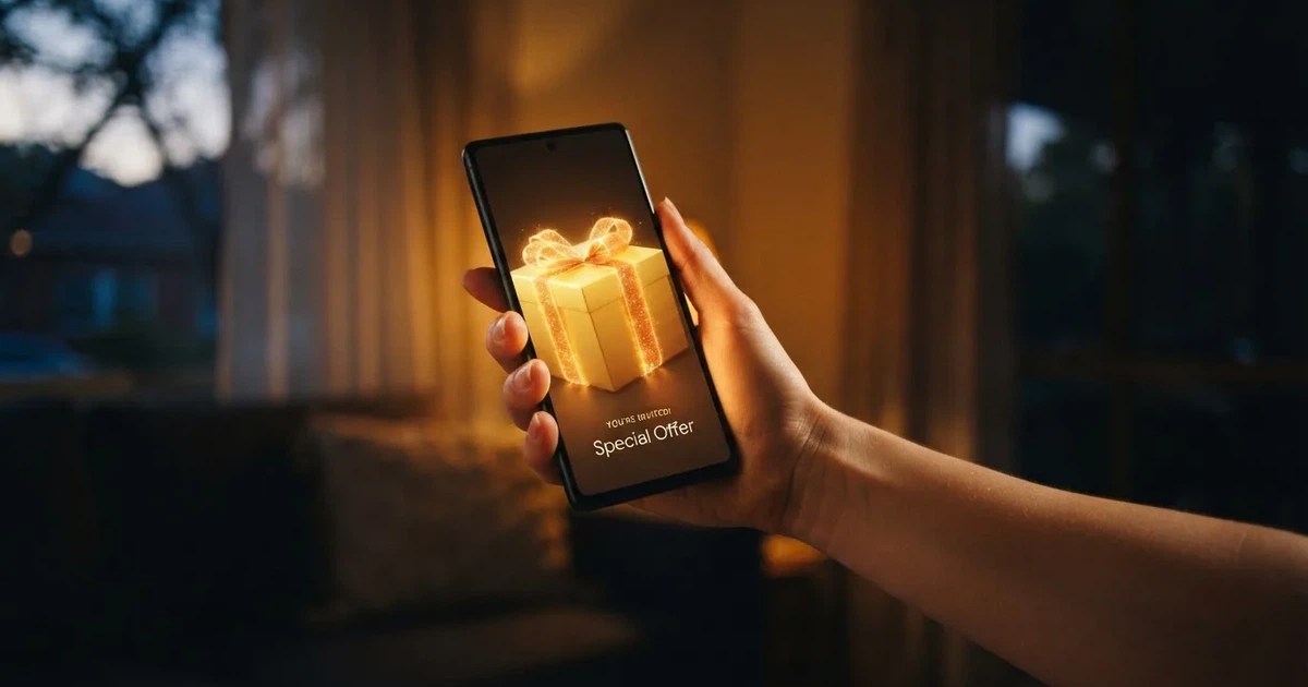 A gift box icon glowing on a phone screen, held at arm's length, suggesting an unopened offer rather than an active game.