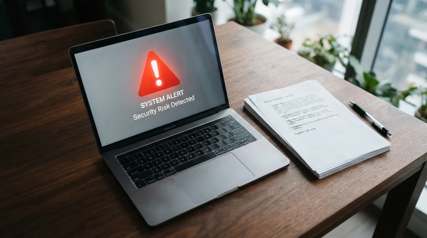 A red triangular warning sign icon on a laptop screen next to a stack of legal papers, symbolising an official caution rather than any specific website.