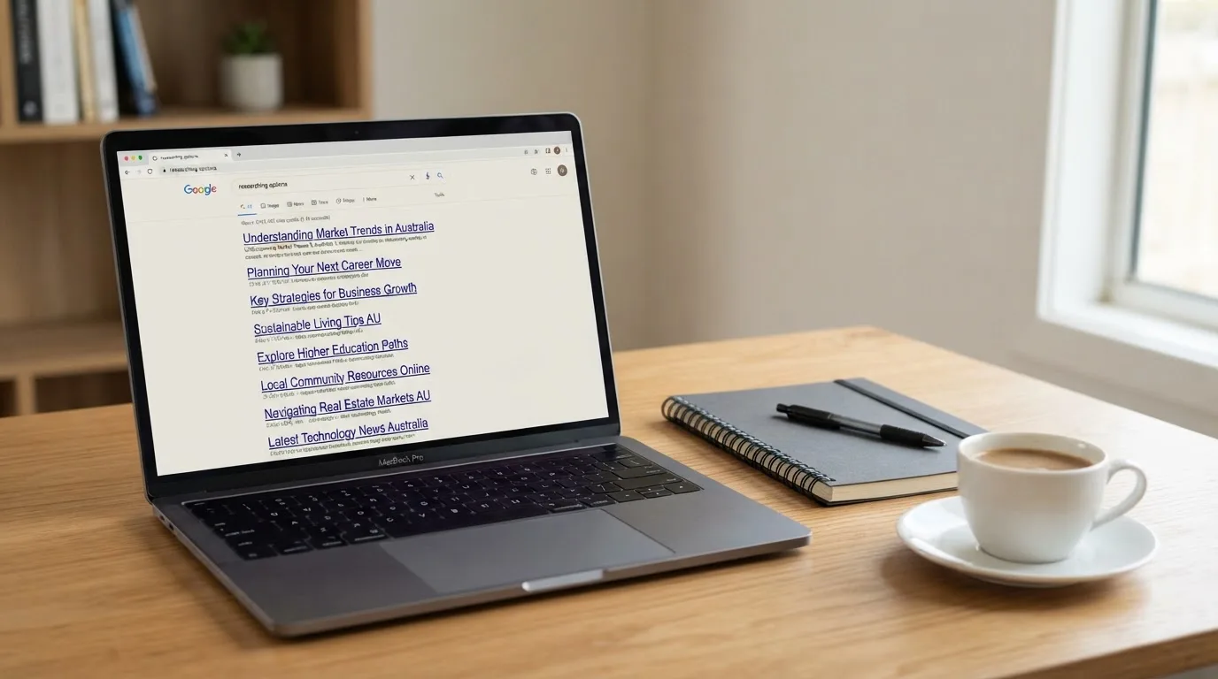 A tidy desk with a laptop open on a plain search-results page, a notebook and a coffee cup beside it, no screens showing any casino branding.