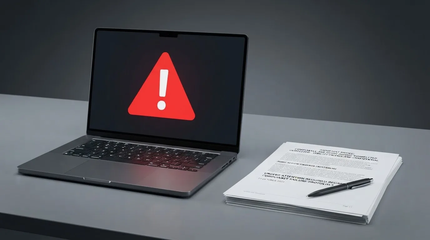 A red triangular warning sign icon on a laptop screen next to a stack of legal papers, symbolising an official caution rather than any specific website.