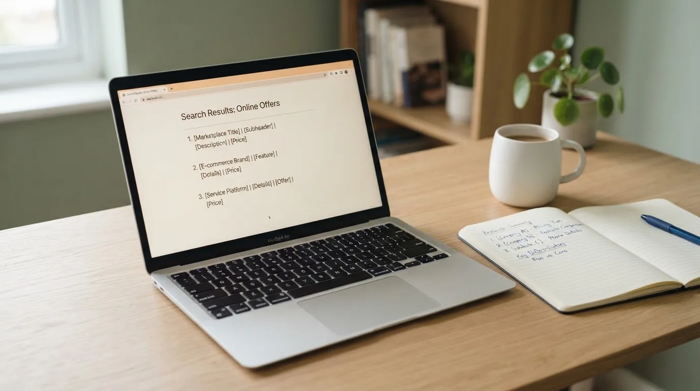 A tidy desk with a laptop open on a plain search-results page, a notebook and a coffee cup beside it, no screens showing any casino branding.