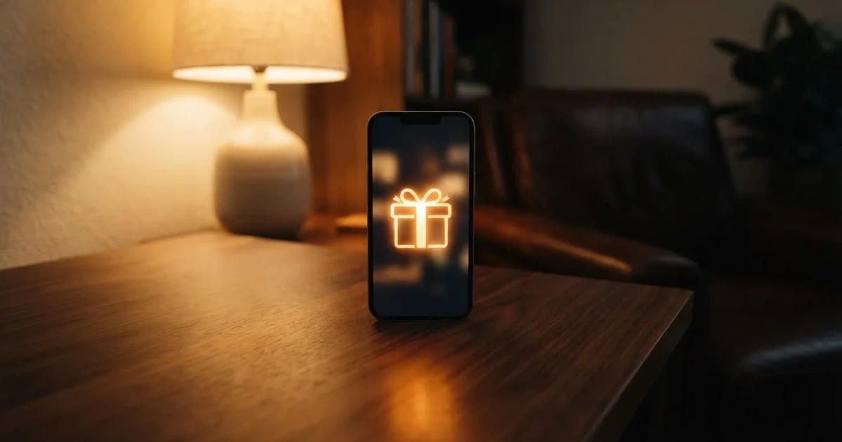 A gift box icon glowing on a phone screen, held at arm's length, suggesting an unopened offer rather than an active game.