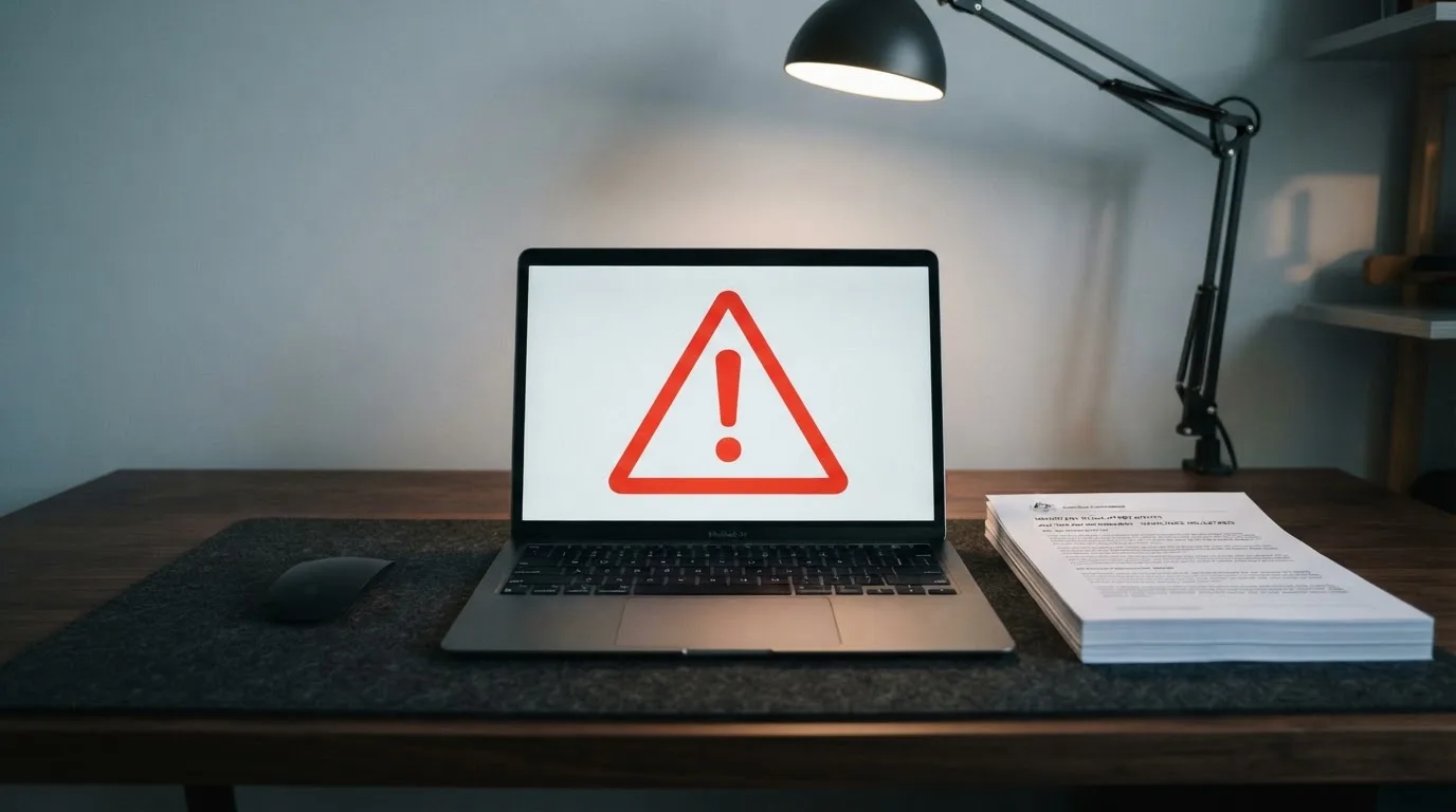 A red triangular warning sign icon on a laptop screen next to a stack of legal papers, symbolising an official caution rather than any specific website.