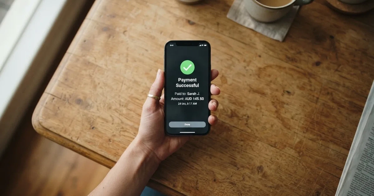 A smartphone screen showing a generic bank-transfer confirmation tick, held over a kitchen table.