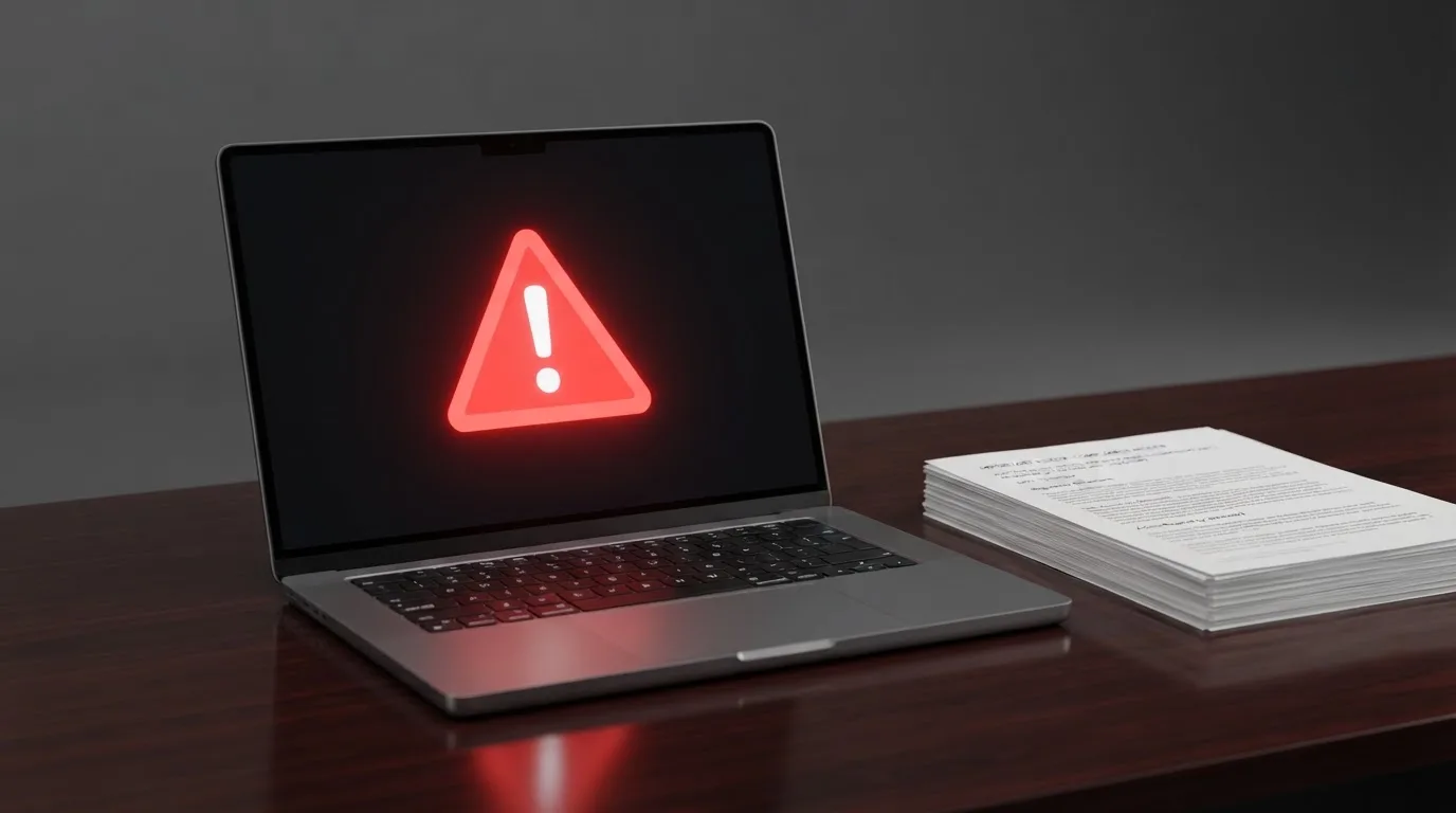 A red triangular warning sign icon on a laptop screen next to a stack of legal papers, symbolising an official caution rather than any specific website.