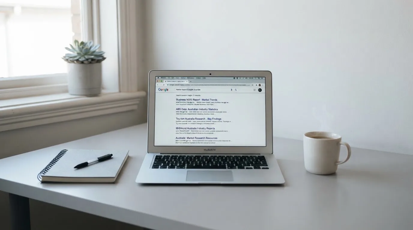A tidy desk with a laptop open on a plain search-results page, a notebook and a coffee cup beside it, no screens showing any casino branding.