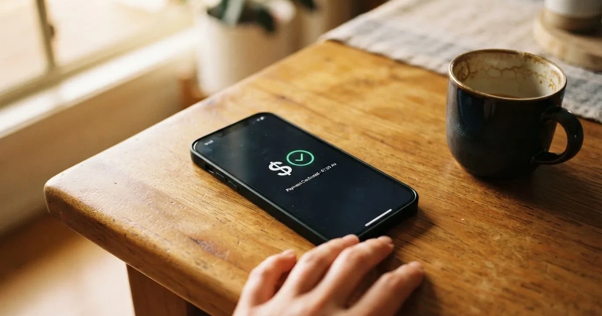 A smartphone screen showing a generic bank-transfer confirmation tick, held over a kitchen table.