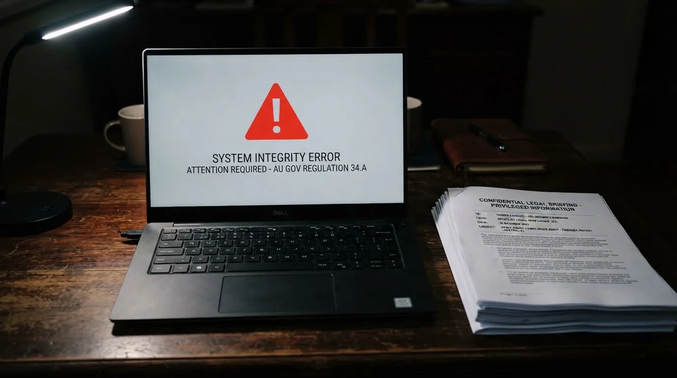 A red triangular warning sign icon on a laptop screen next to a stack of legal papers, symbolising an official caution rather than any specific website.