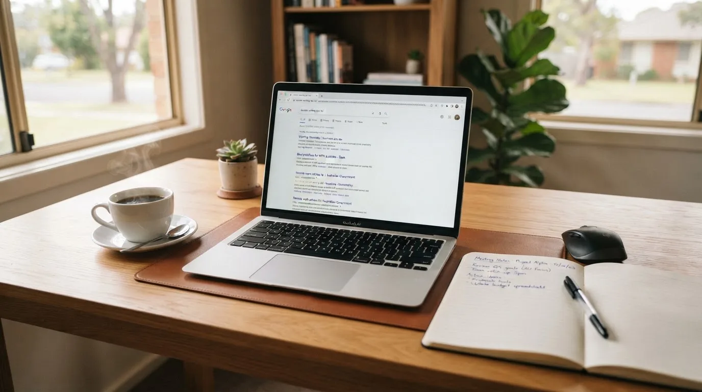 A tidy desk with a laptop open on a plain search-results page, a notebook and a coffee cup beside it, no screens showing any casino branding.