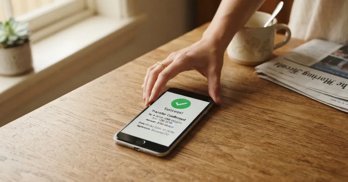 A smartphone screen showing a generic bank-transfer confirmation tick, held over a kitchen table.