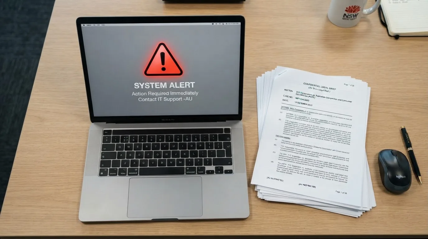 A red triangular warning sign icon on a laptop screen next to a stack of legal papers, symbolising an official caution rather than any specific website.
