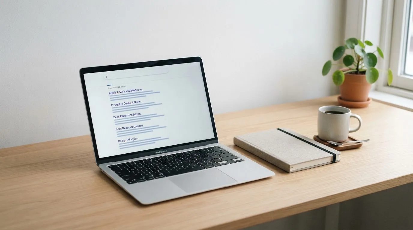 A tidy desk with a laptop open on a plain search-results page, a notebook and a coffee cup beside it, no screens showing any casino branding.