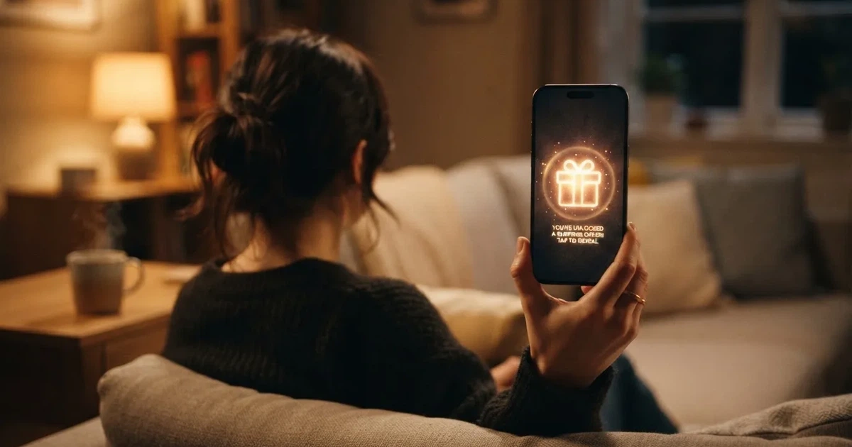 A gift box icon glowing on a phone screen, held at arm's length, suggesting an unopened offer rather than an active game.