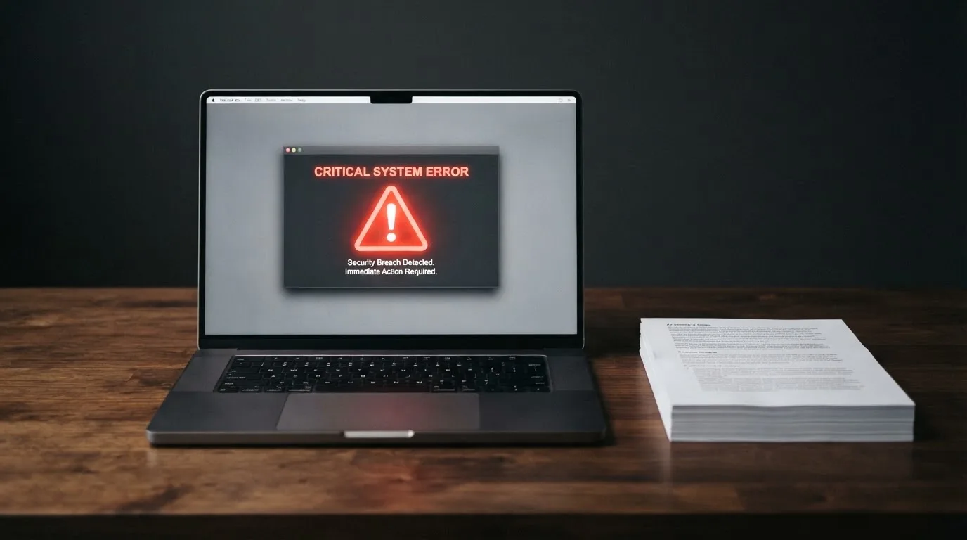 A red triangular warning sign icon on a laptop screen next to a stack of legal papers, symbolising an official caution rather than any specific website.