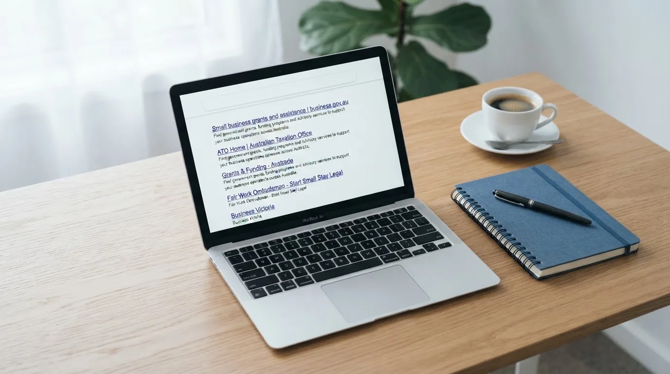 A tidy desk with a laptop open on a plain search-results page, a notebook and a coffee cup beside it, no screens showing any casino branding.