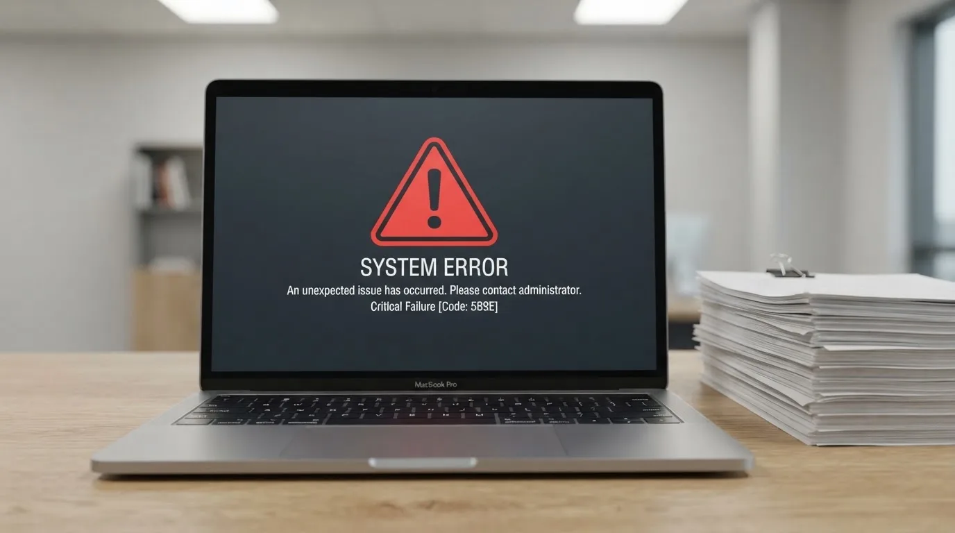 A red triangular warning sign icon on a laptop screen next to a stack of legal papers, symbolising an official caution rather than any specific website.