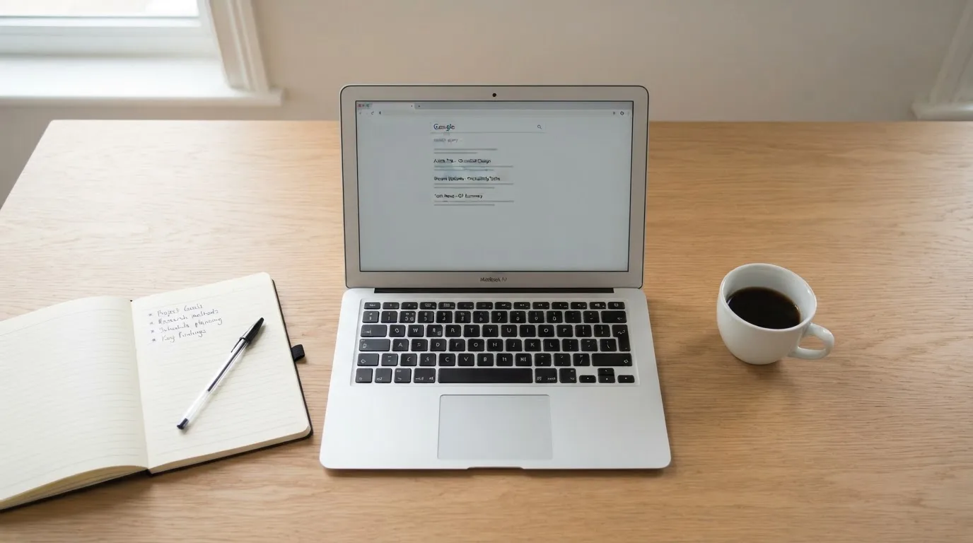 A tidy desk with a laptop open on a plain search-results page, a notebook and a coffee cup beside it, no screens showing any casino branding.