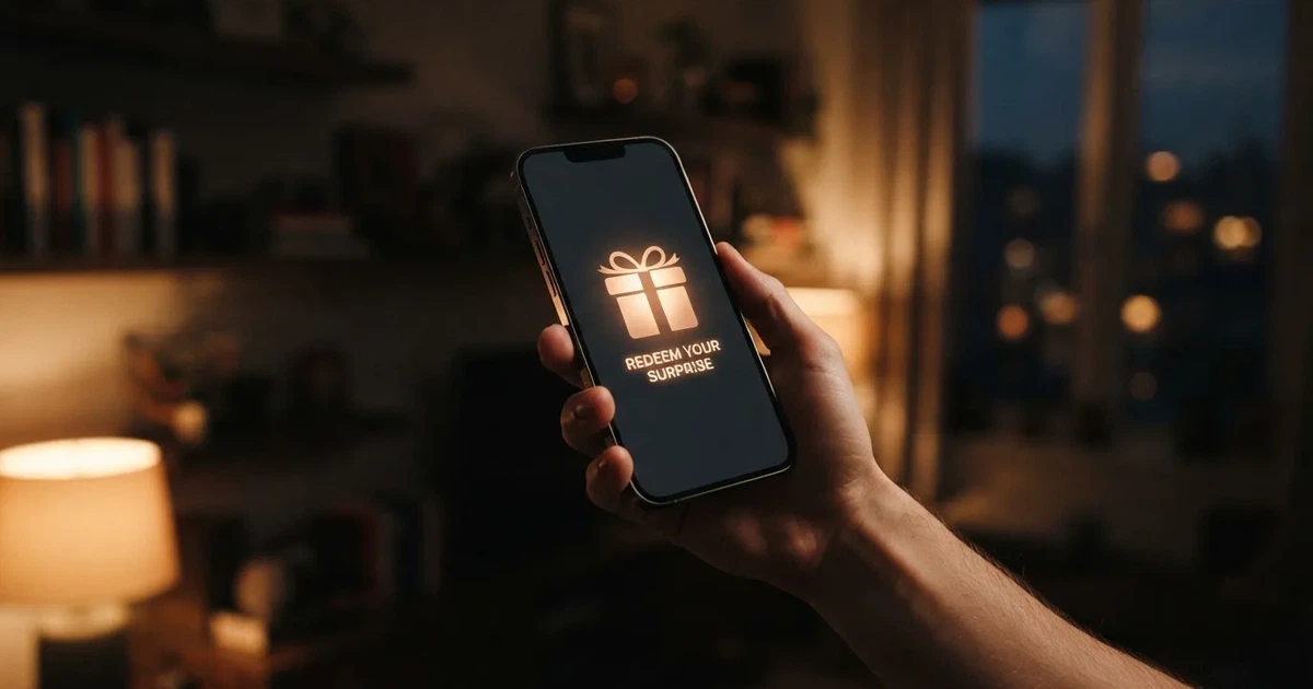 A gift box icon glowing on a phone screen, held at arm's length, suggesting an unopened offer rather than an active game.