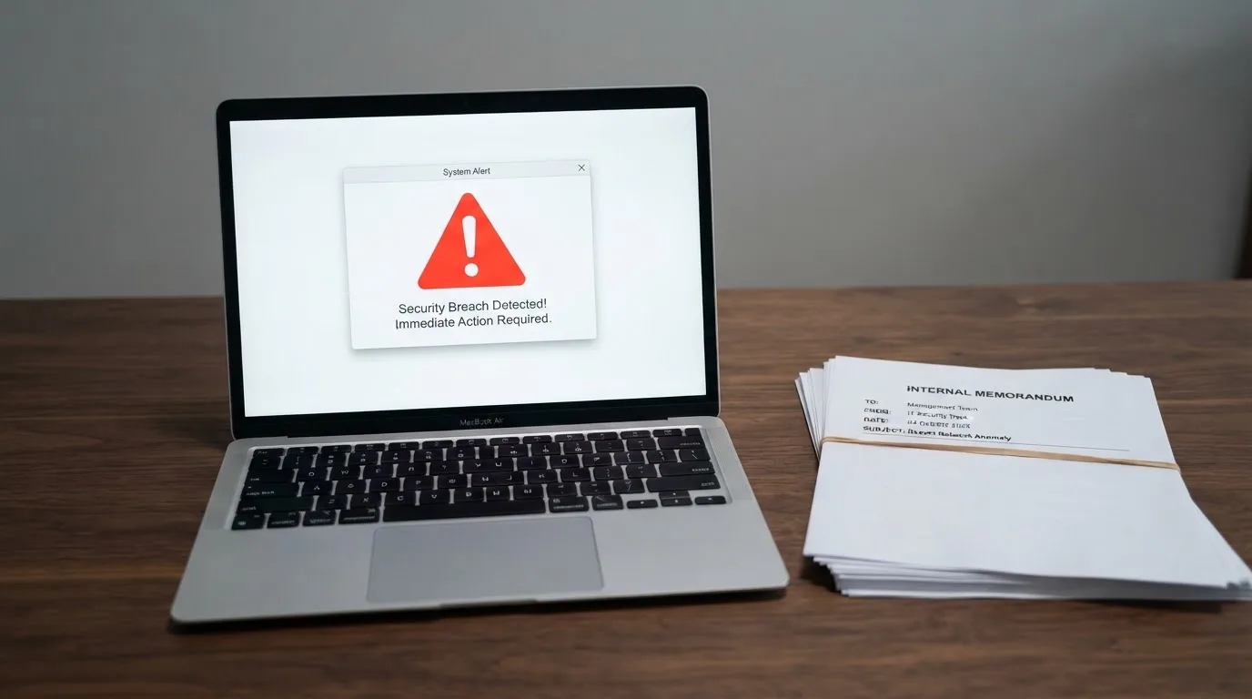 A red triangular warning sign icon on a laptop screen next to a stack of legal papers, symbolising an official caution rather than any specific website.
