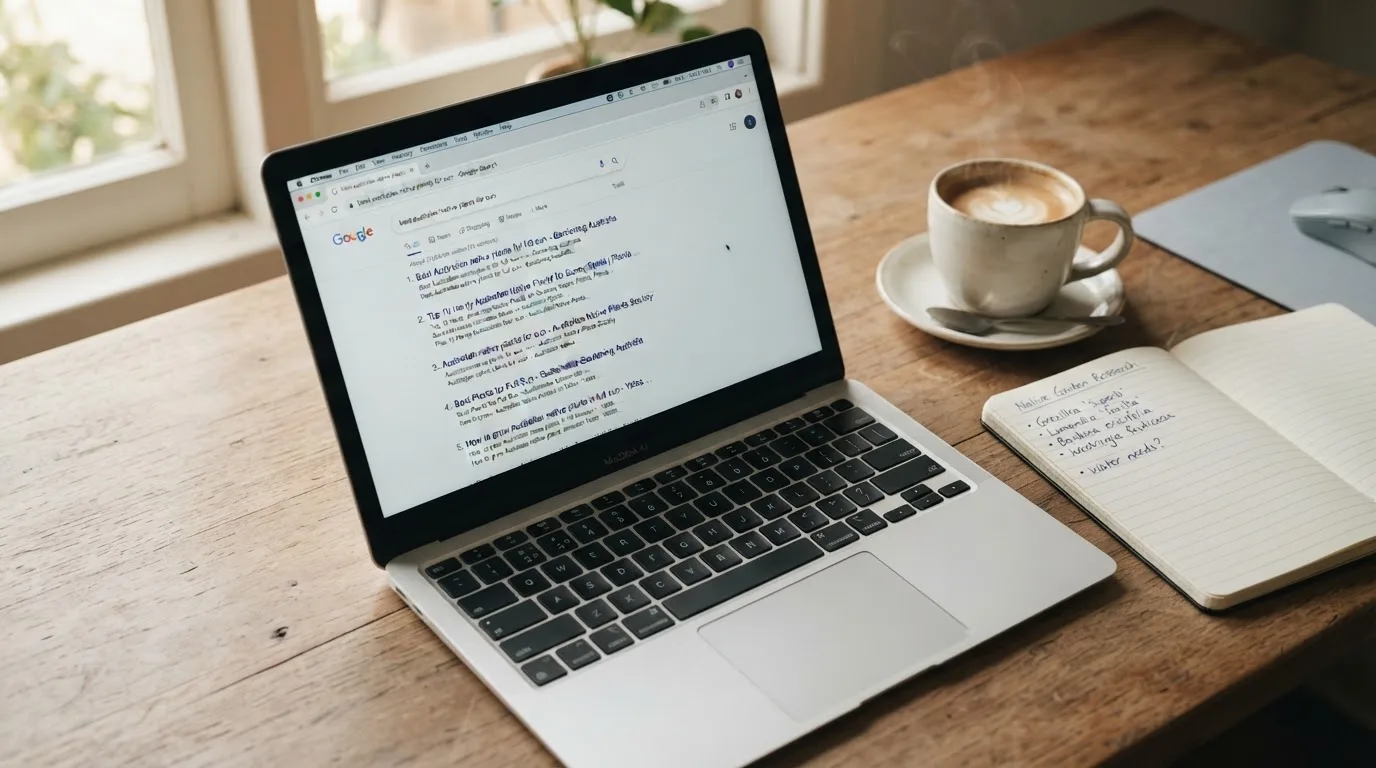 A tidy desk with a laptop open on a plain search-results page, a notebook and a coffee cup beside it, no screens showing any casino branding.