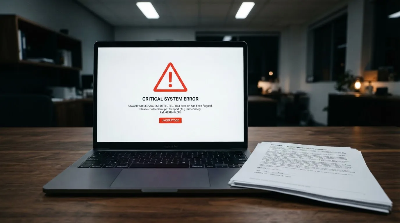 A red triangular warning sign icon on a laptop screen next to a stack of legal papers, symbolising an official caution rather than any specific website.