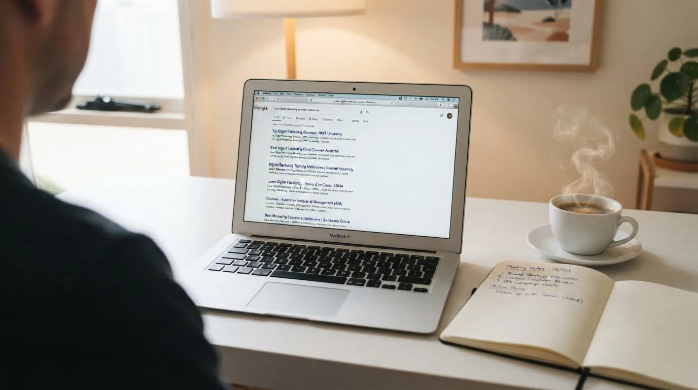 A tidy desk with a laptop open on a plain search-results page, a notebook and a coffee cup beside it, no screens showing any casino branding.