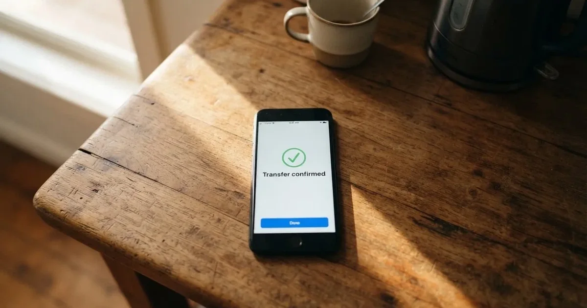 A smartphone screen showing a generic bank-transfer confirmation tick, held over a kitchen table.