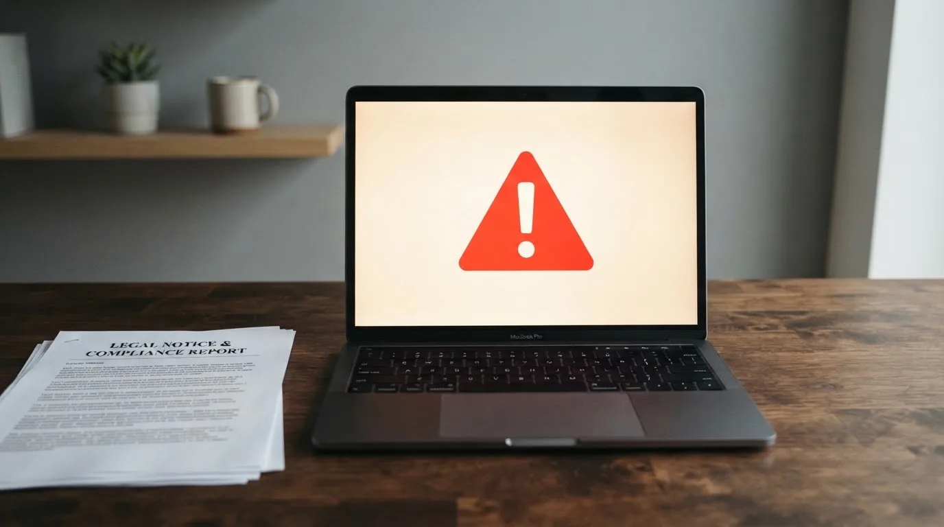 A red triangular warning sign icon on a laptop screen next to a stack of legal papers, symbolising an official caution rather than any specific website.