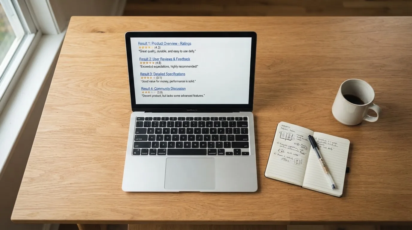 A tidy desk with a laptop open on a plain search-results page, a notebook and a coffee cup beside it, no screens showing any casino branding.
