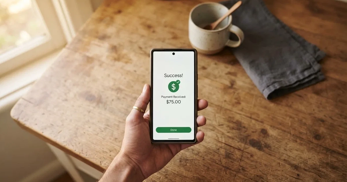 A smartphone screen showing a generic bank-transfer confirmation tick, held over a kitchen table.