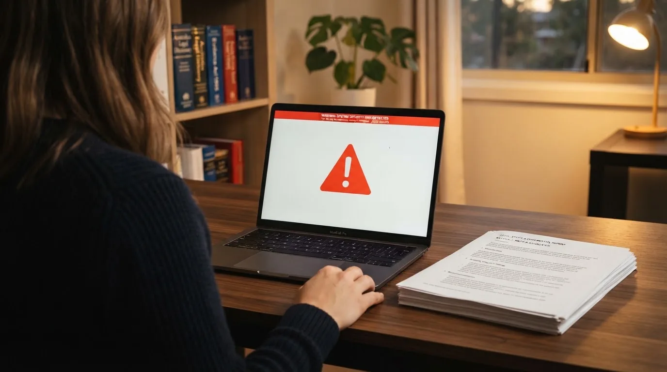 A red triangular warning sign icon on a laptop screen next to a stack of legal papers, symbolising an official caution rather than any specific website.