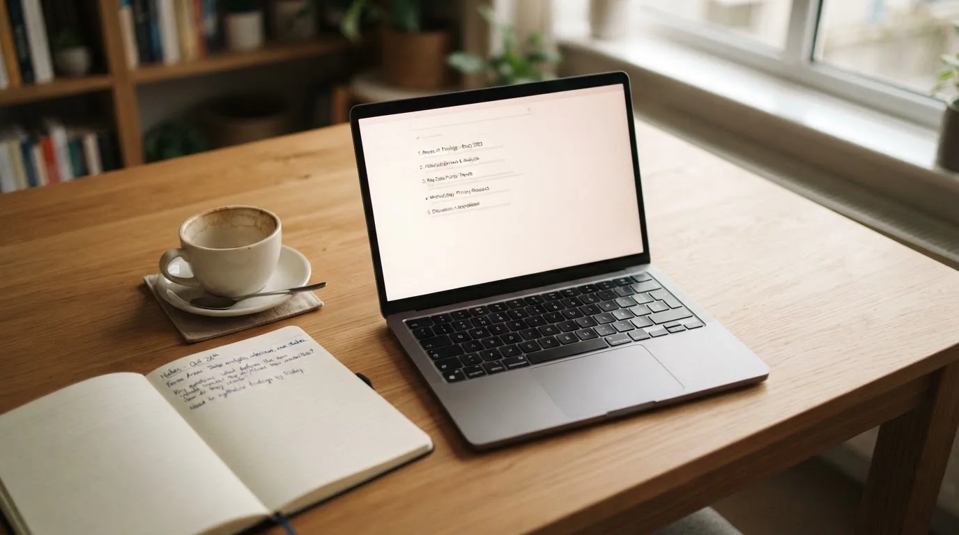 A tidy desk with a laptop open on a plain search-results page, a notebook and a coffee cup beside it, no screens showing any casino branding.