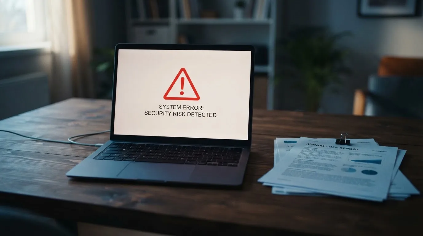 A red triangular warning sign icon on a laptop screen next to a stack of legal papers, symbolising an official caution rather than any specific website.