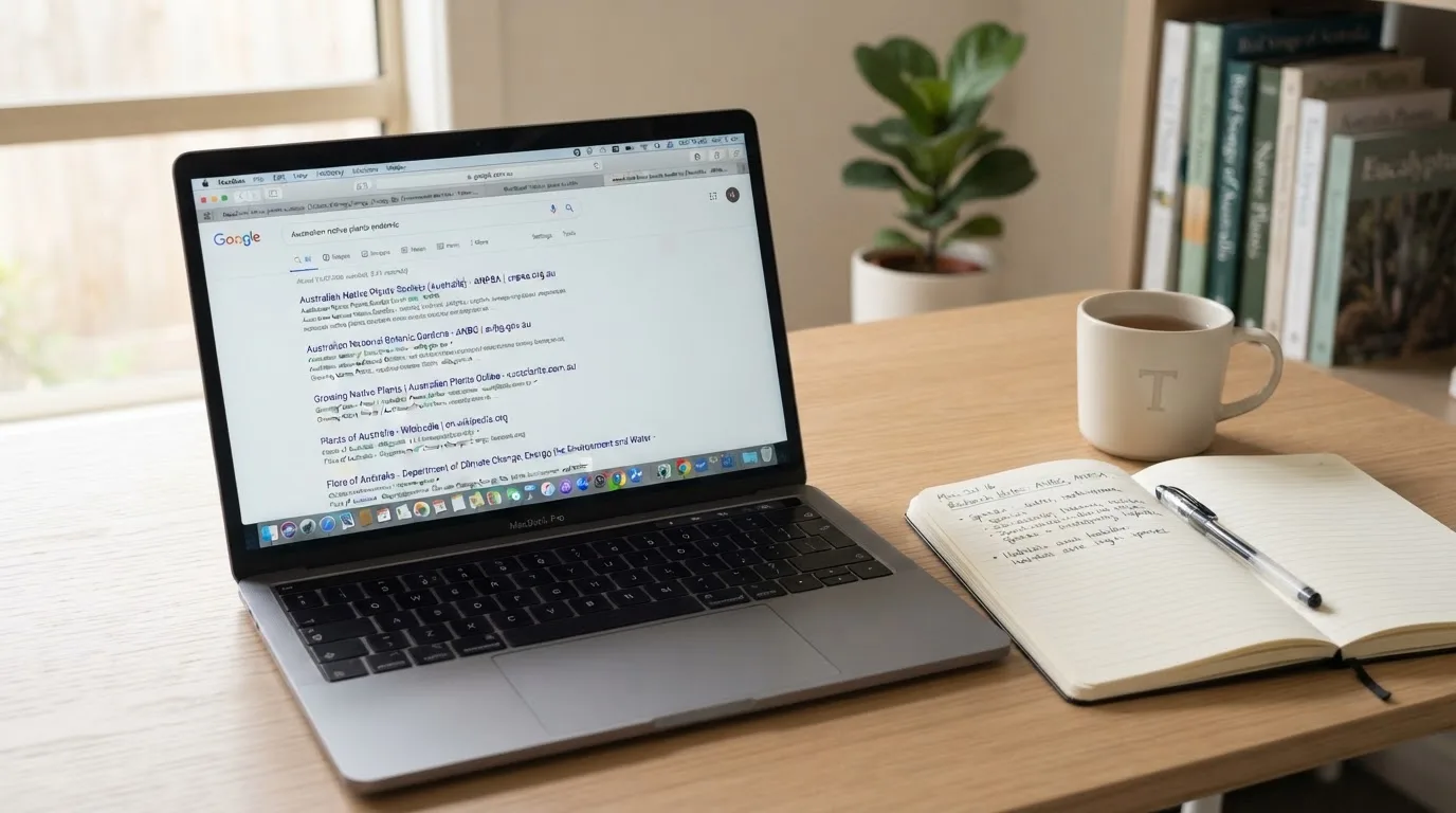 A tidy desk with a laptop open on a plain search-results page, a notebook and a coffee cup beside it, no screens showing any casino branding.