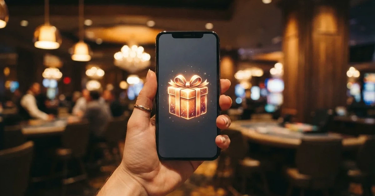 A gift box icon glowing on a phone screen, held at arm's length, suggesting an unopened offer rather than an active game.