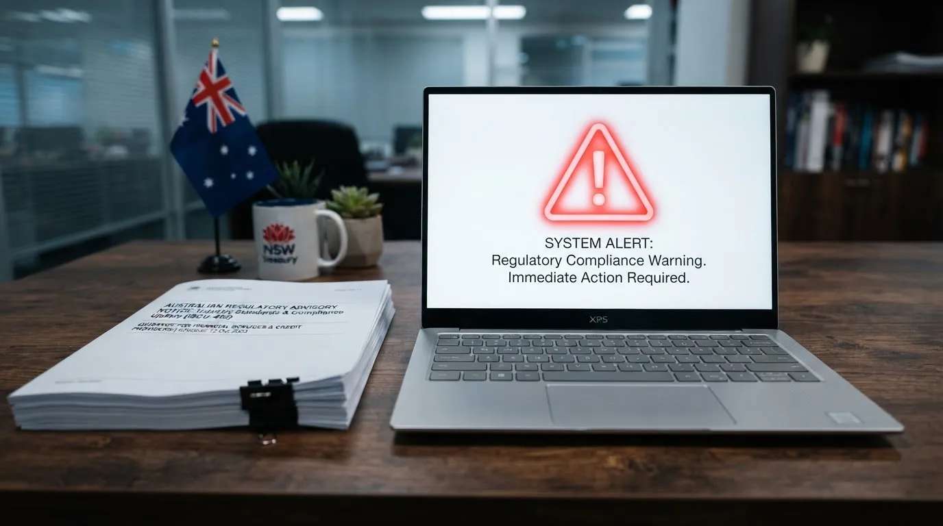 A red triangular warning sign icon on a laptop screen next to a stack of legal papers, symbolising an official caution rather than any specific website.