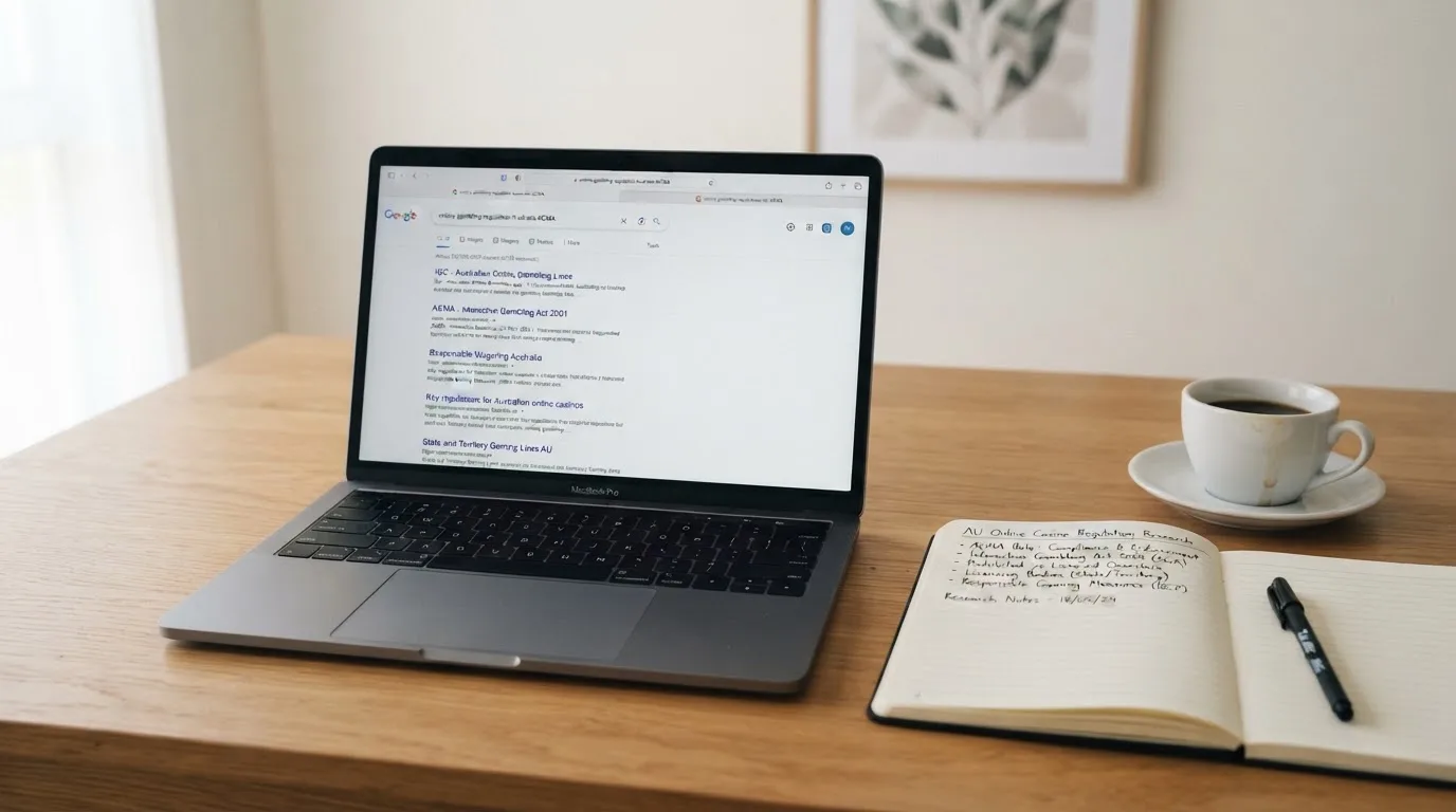 A tidy desk with a laptop open on a plain search-results page, a notebook and a coffee cup beside it, no screens showing any casino branding.
