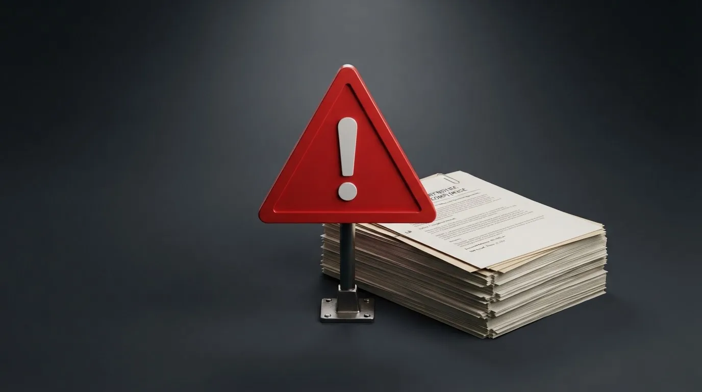 A red triangular warning sign icon on a laptop screen next to a stack of legal papers, symbolising an official caution rather than any specific website.
