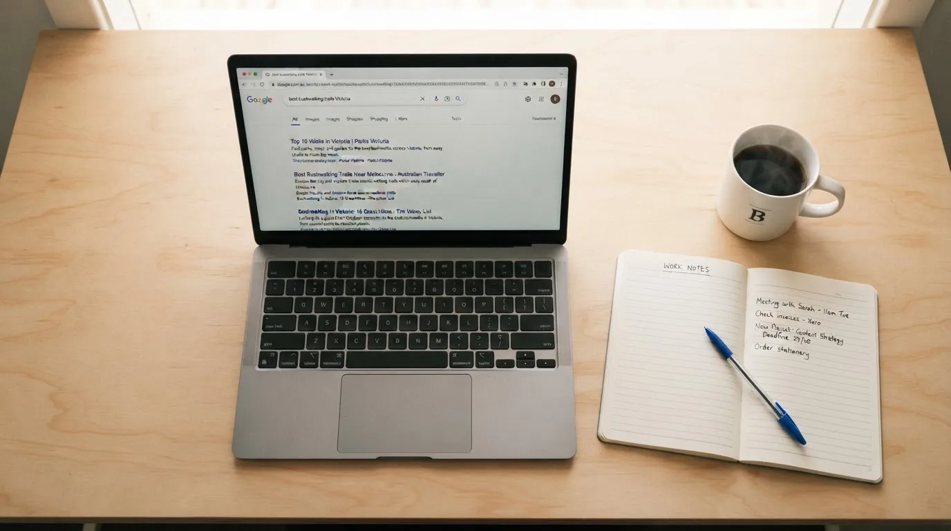 A tidy desk with a laptop open on a plain search-results page, a notebook and a coffee cup beside it, no screens showing any casino branding.